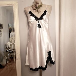 "Nights in White Satin" Romantic Slip w Black Lace Trim Lingerie (S)